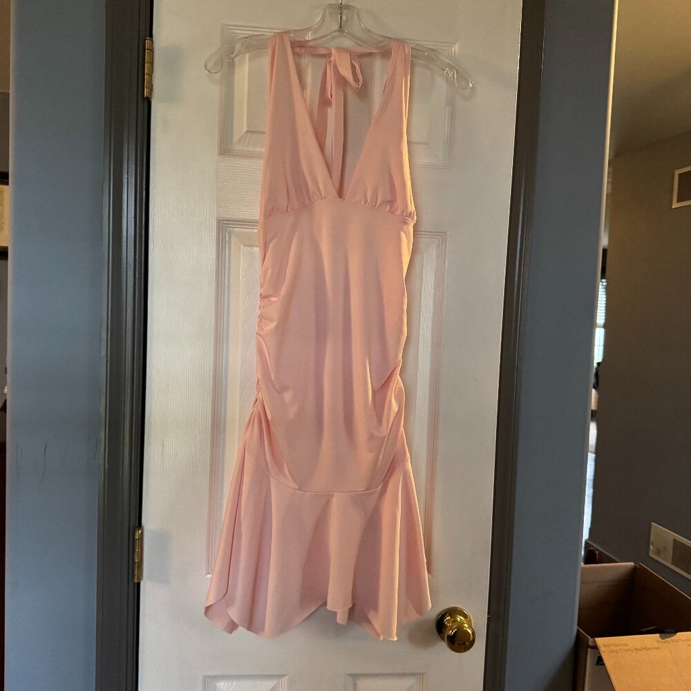 Size L Pink Halter Neck Dress Side Ruching and Skirted Bottom EUC
